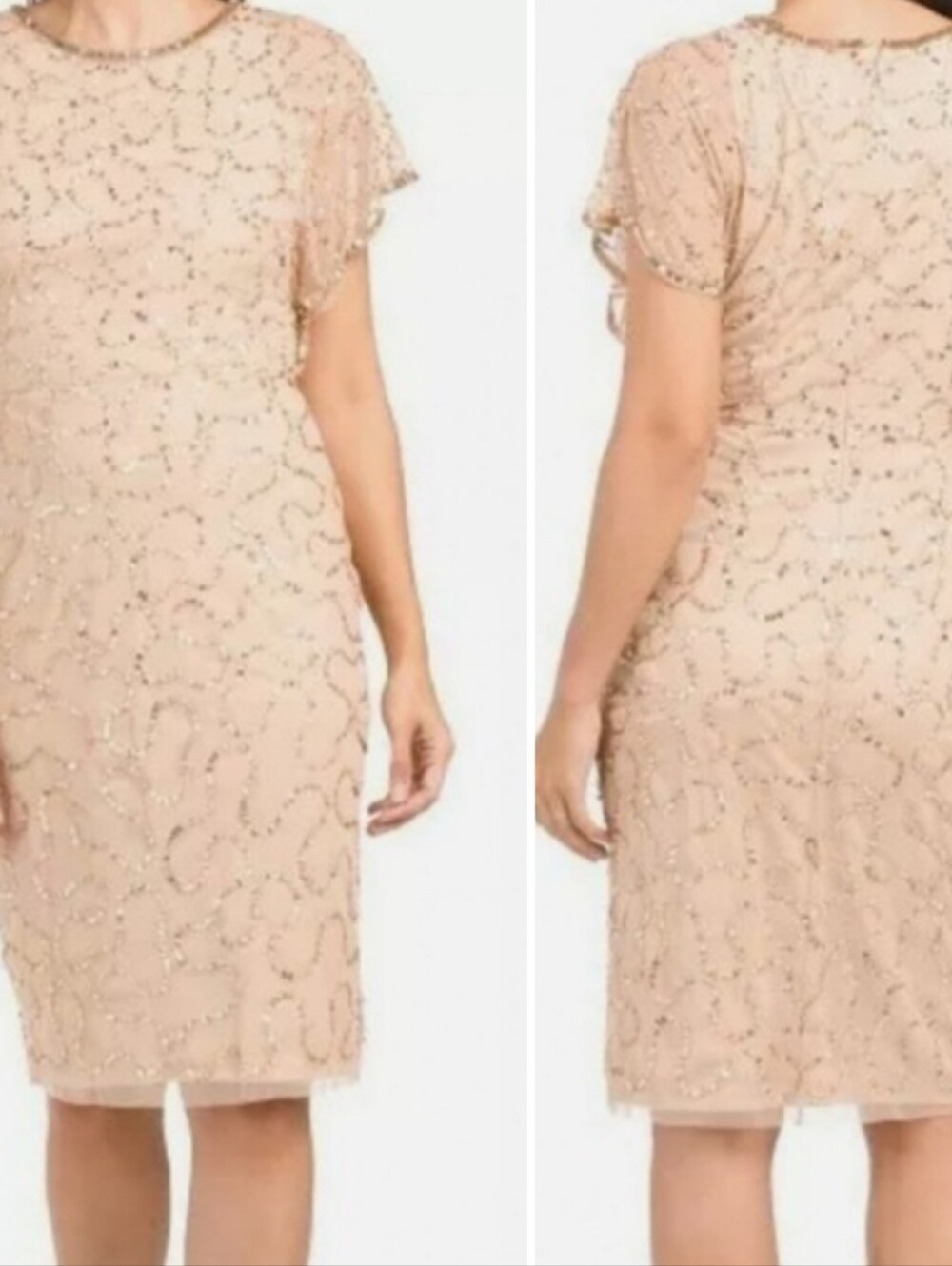 Adrianna Papell Champagne Gold Flutter Sleeve Beaded Dress Size 10
